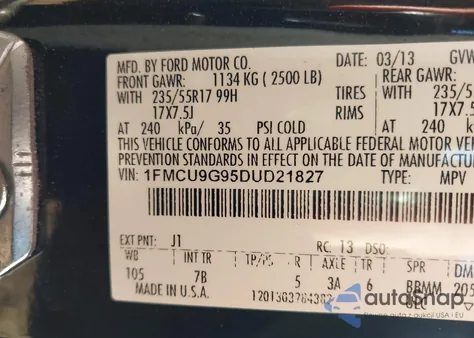 2013 Ford Escape Se from USA, damaged, VIN 1FMCU9G95DUD21827